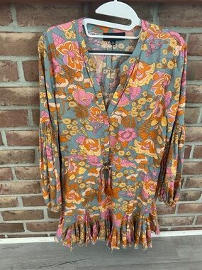 Aakaa Floral V-Neck Dress in Sage with Pink & Orange Accents